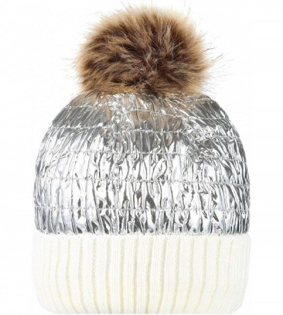 Skullies & Beanies Winter Knit Hats for Women Thick Pom Pom Metallic Shiny Beanies Ski Cap - White Silver - C718ACH5UGD $18.00