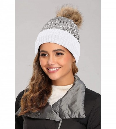 Skullies & Beanies Winter Knit Hats for Women Thick Pom Pom Metallic Shiny Beanies Ski Cap - White Silver - C718ACH5UGD $7.68