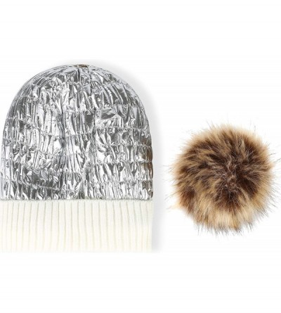 Skullies & Beanies Winter Knit Hats for Women Thick Pom Pom Metallic Shiny Beanies Ski Cap - White Silver - C718ACH5UGD $7.68