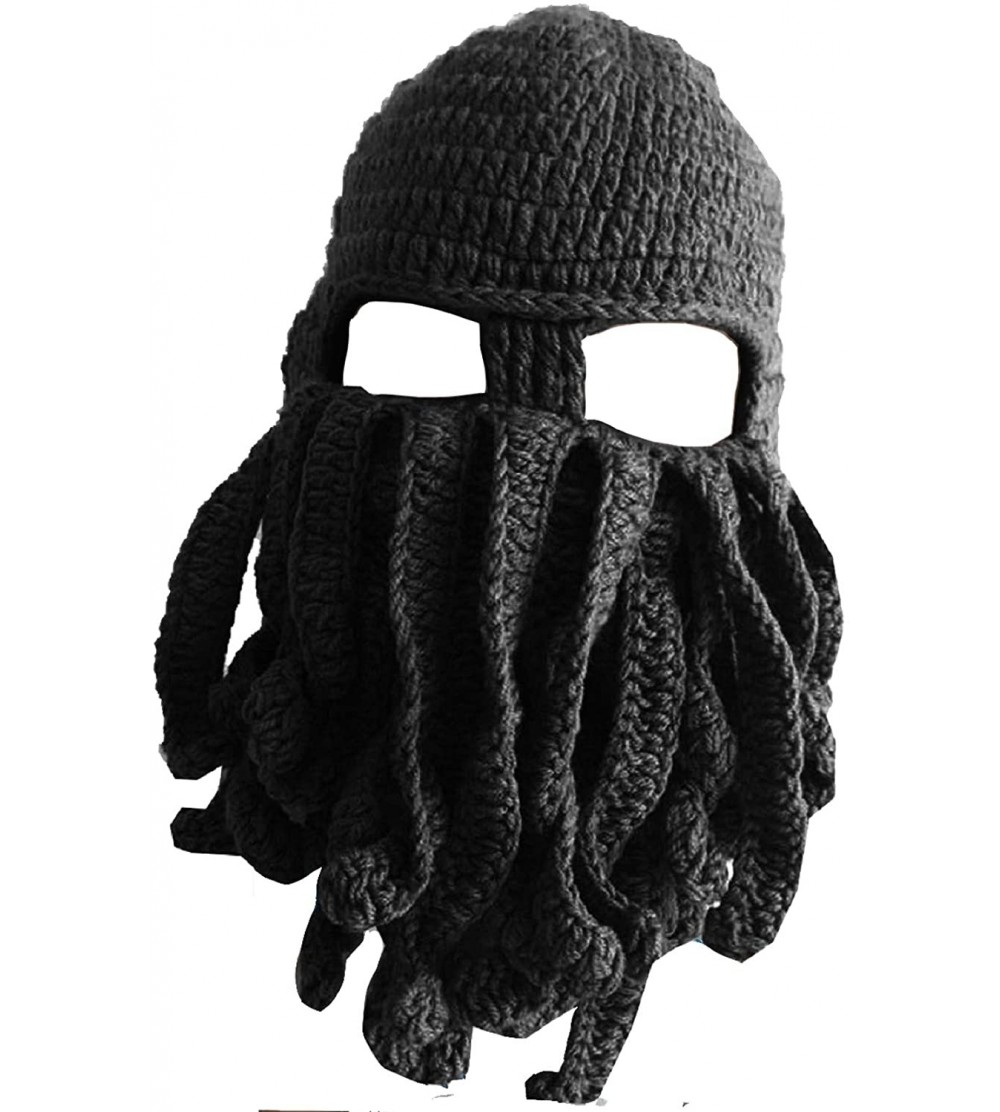 Skullies & Beanies Knit Beard Octopus Hat Mask Beanies Handmade Funny Party Caps with Wig Hair Winter - Wig Beard - Black ( A...