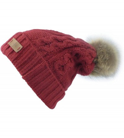 Skullies & Beanies Women's Fleece Lined Knitted Slouchy Faux Fur Pom Pom Cable Beanie Cap Hat - Red - CR18725OCNA $9.10