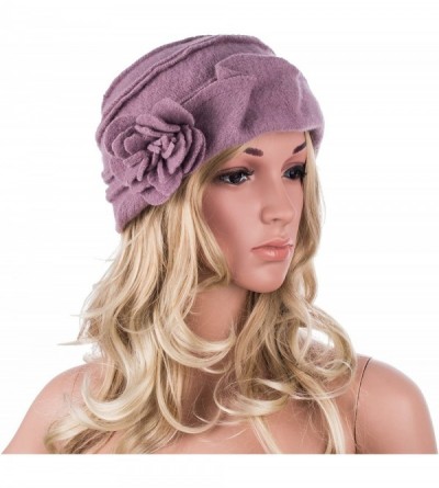 Berets Solid Color 1920s Womens 100% Wool Flower Winter Bucket Cap Beret Hat A376 - Light Purple - CV12MAK2TMY $15.14