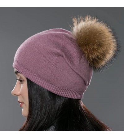 Skullies & Beanies Autumn Unisex Wool Knit Beanie Cap with Fur Ball Pom Pom Winter Hat - Purple With Raccoon Pompom - CL12N2H...