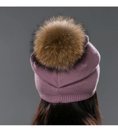 Skullies & Beanies Autumn Unisex Wool Knit Beanie Cap with Fur Ball Pom Pom Winter Hat - Purple With Raccoon Pompom - CL12N2H...