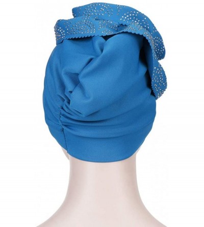 Skullies & Beanies Head Wraps for Women- Chemo Turban Hats Flower Stretchy Turban Brim Cap Pile Vintage Turban - Blue - C618W...