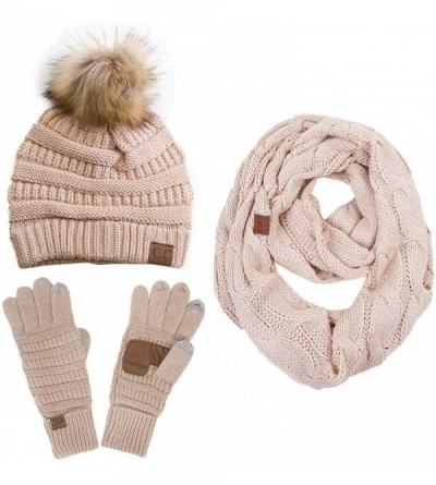 Skullies & Beanies 3pc Set Trendy Warm Chunky Soft Stretch Cable Knit Pom Pom Beanie- Scarves and Gloves Set - New Beige - CU...
