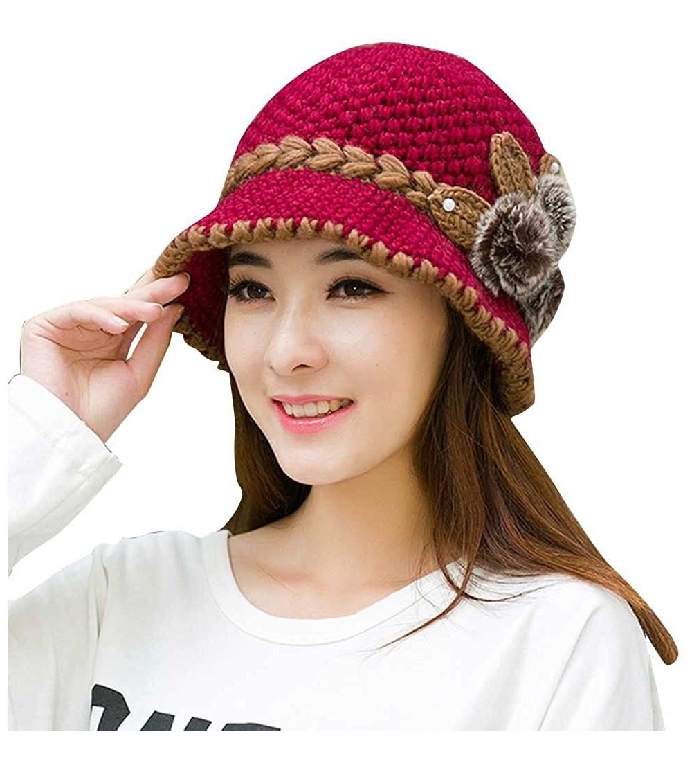 Newsboy Caps Women Color Winter Hat Crochet Knitted Flowers Decorated Ears Cap with Visor - Hot Pink - C218LH3SQG2 $9.23