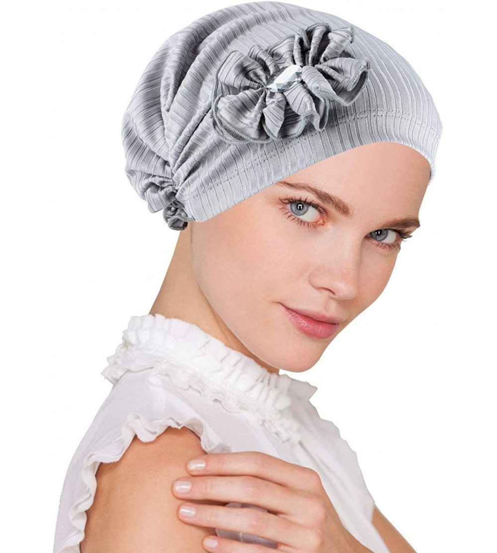 Skullies & Beanies Josie Turban Chemo Cancer Hat Scarf with Rhinestone Flower - 04 - Polyester Ribbed Silver Gray - CV18Q6QQT...