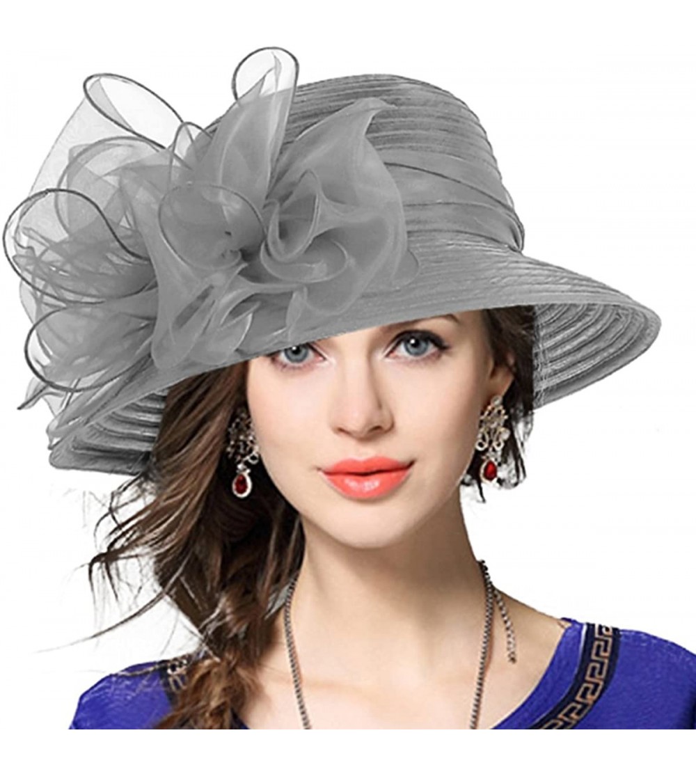 Bucket Hats Lady Derby Dress Church Cloche Hat Bow Bucket Wedding Bowler Hats - Grey - CS12NGDUD2M $24.20