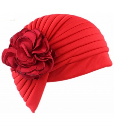 Skullies & Beanies Women Muslim Indian Chemo Hat Stretch Flower Turban Cap Hair Loss Scarf Headwear - Red - CL187W7IIGT $6.22
