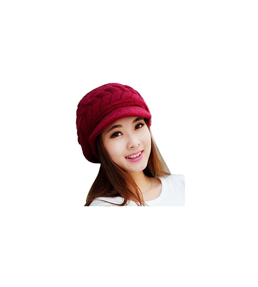 Skullies & Beanies Women Winter Knit Hats with Visor - Warm Berets Caps Knitted Wool Baggy Snow Ski Beanie Hat - Red - CH1936...