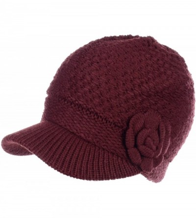 Skullies & Beanies Womens Winter Visor Cap Beanie Hat Wool Blend Lined Crochet Decoration - Burgundy With Flower - CE18WHUZQW...