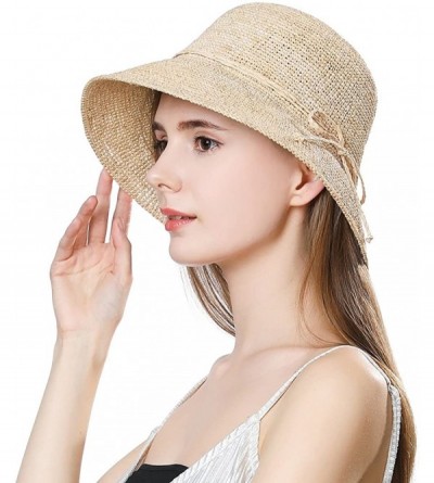 Sun Hats Womens Straw Beach Sun Hat Wide Brim UPF 50+ Panama Fedora Packable & Adjustable - 16023beige - CT18R5QEWWN $24.65