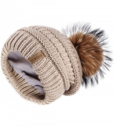 Skullies & Beanies Winter Hats Beanie for Women Lined Slouchy Knit Skiing Cap Real Fur Pom Pom Hat for Girls - C818UMXNY85 $3...