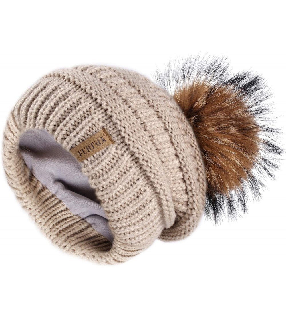 Skullies & Beanies Winter Hats Beanie for Women Lined Slouchy Knit Skiing Cap Real Fur Pom Pom Hat for Girls - C818UMXNY85 $2...