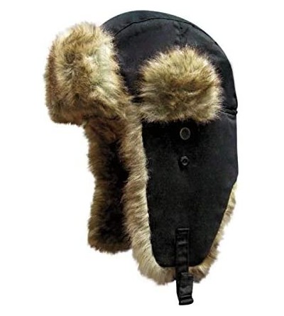 Bomber Hats Trooper Ear Flap Cap w/Faux Fur Lining Hat - Black With Brown Fur - CV113Q0F1M5 $23.55