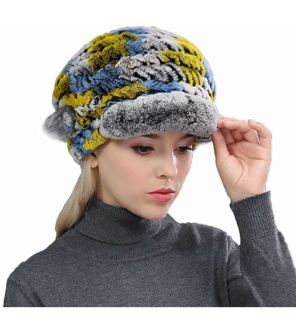 Skullies & Beanies Women's Real Rex Rabbit Fur Hat with Visor Knit Cap Winter Warm - Multicolored - C418UU0GSX6 $24.60
