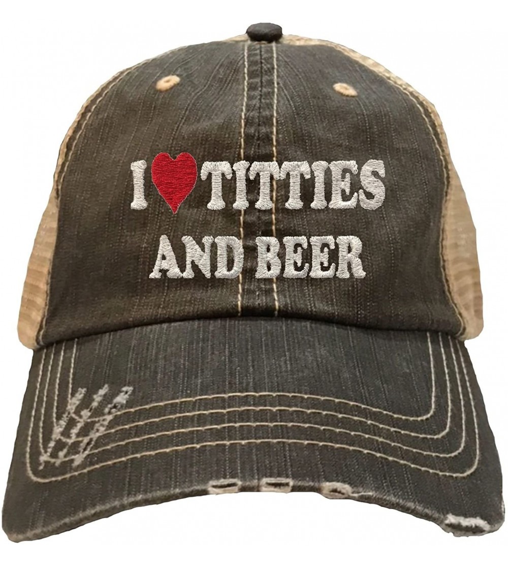 Baseball Caps Adult I Love Titties & Beer Embroidered Distressed Trucker Cap - Brown/ Khaki - CC18G7ZLD03 $31.01