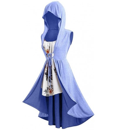 Berets Hooded Robe Vintage High Low Long Hoodie Front Tie Vest Cloak with Floral Cami Top - Blue - C118SQ2NEAE $9.26