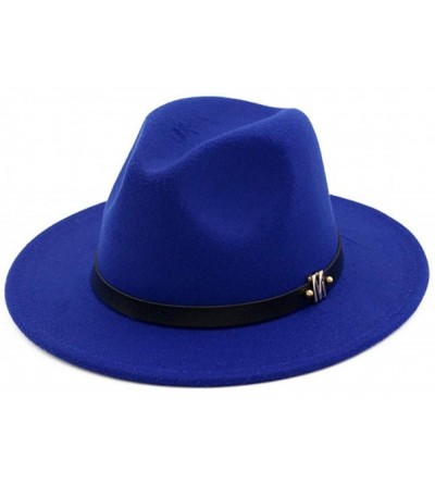 Fedoras Men's Woolen Wide Brim Fedora Hats Classic Vintage Fashion Trilby Hat Jazz Cap with Black Leather Belt - Blue - C318R...