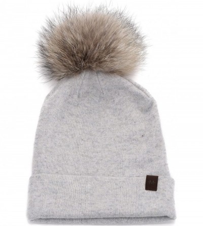 Skullies & Beanies Marino Slouchy Beanie Hat for Women - Cashmere Blend - Rabbit Fur Pompom - Light Gray - CE12N46EFJF $14.79