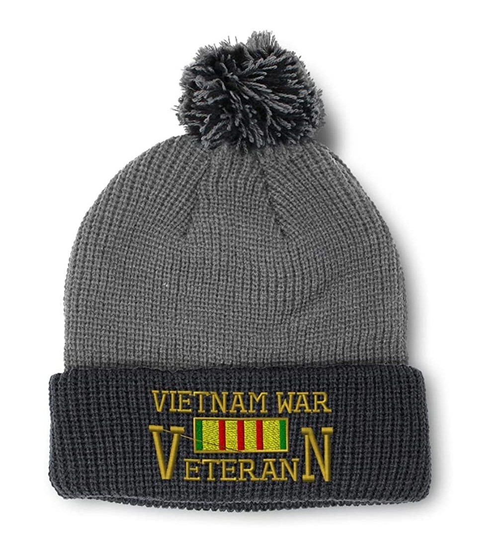 Skullies & Beanies Winter Pom Pom Beanie Men & Women Vietnam Veteran War A Embroidery Skull Cap Hat - Grey Black - CX18A0DCTI...