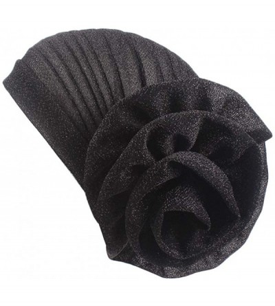 Skullies & Beanies Luxury Stretchable Glitter Turbans Flower Chemo Beanie Headwear Hat Caps Hair Loss Turban for Women - Blac...