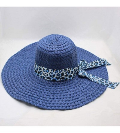 Sun Hats Women Lady Leopard Ribbon Mesh Wide Brim Floppy Beach Hat Straw Hat Sun Hat - Navy - CX18OQSUACL $8.06