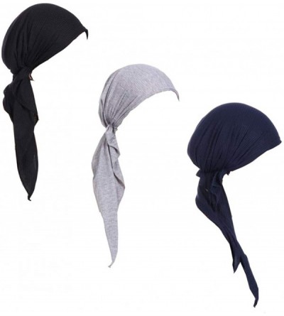 Skullies & Beanies 3Pack Women's Beanie Chemo Hat Cap Pre-Tied Cancer Headscarf - Black Gray Navy Blue - CE198AXX3QQ $34.61