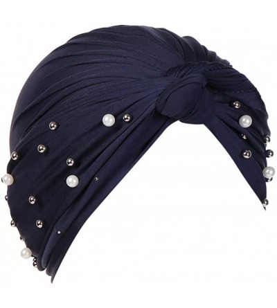 Bomber Hats Women Muslim Turban Pearl Hat Bonnet Hijab Headscarf Islamic Chemo Cap - Navy - CE18RYTZC3H $11.45
