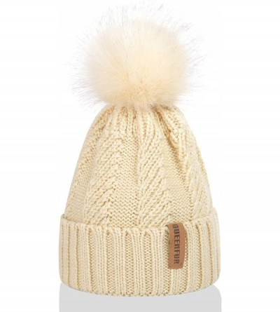 Skullies & Beanies Women Winter Knit Cable Hat Chunky Snow Cuff Cap with Faux Fur Pom Pom Beanie Hats - 01- Beige - CC18ULHA9...