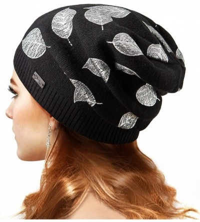 Skullies & Beanies Womens Beanie Printed Slouchy Wool - Beany for Women Knit Hats Caps Soft Warm - Black-silver Leaf - CR187R...