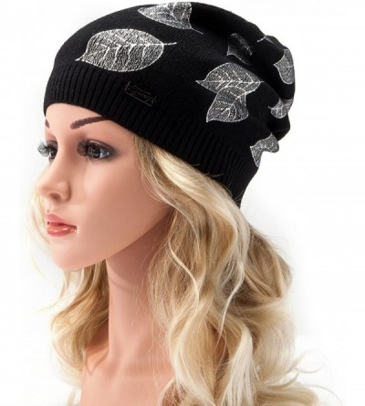 Skullies & Beanies Womens Beanie Printed Slouchy Wool - Beany for Women Knit Hats Caps Soft Warm - Black-silver Leaf - CR187R...
