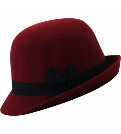 Fedoras Women's Candy Color Wool Rool Up Bowler Derby Cap Cat Ear Hat - Black Bow Wine - CZ11PL6Z2G7 $17.34