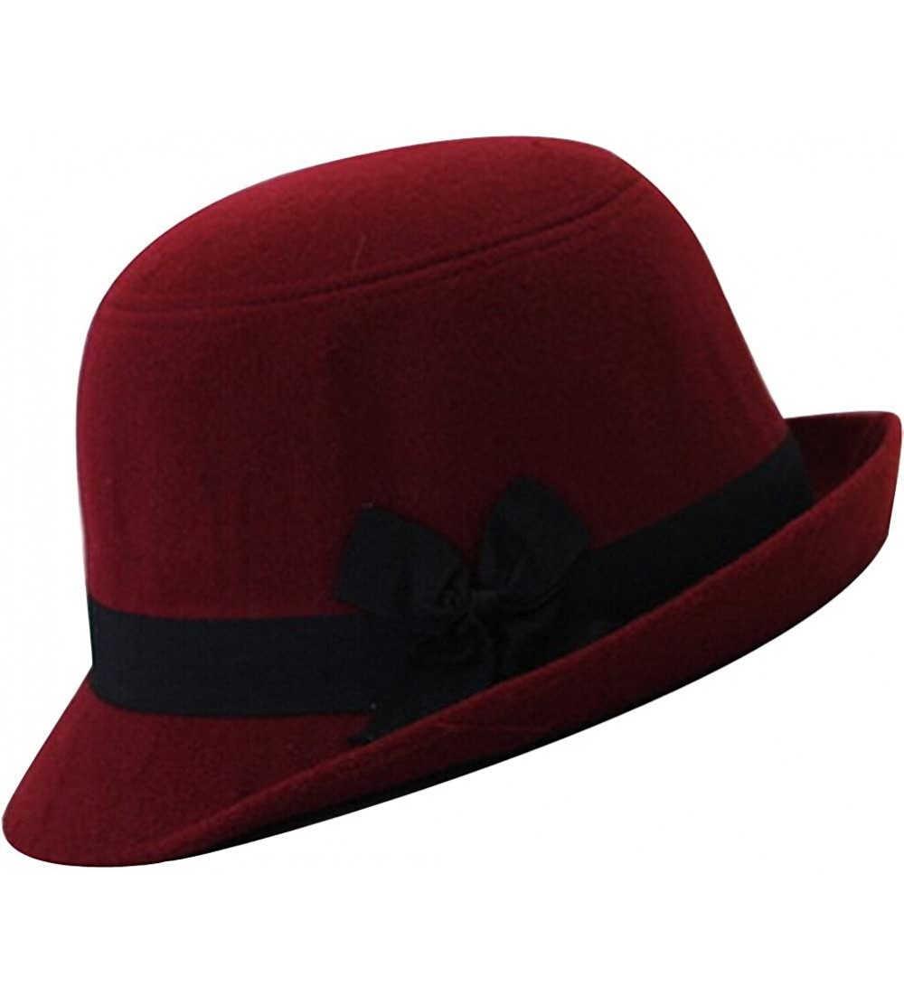 Fedoras Women's Candy Color Wool Rool Up Bowler Derby Cap Cat Ear Hat - Black Bow Wine - CZ11PL6Z2G7 $8.67