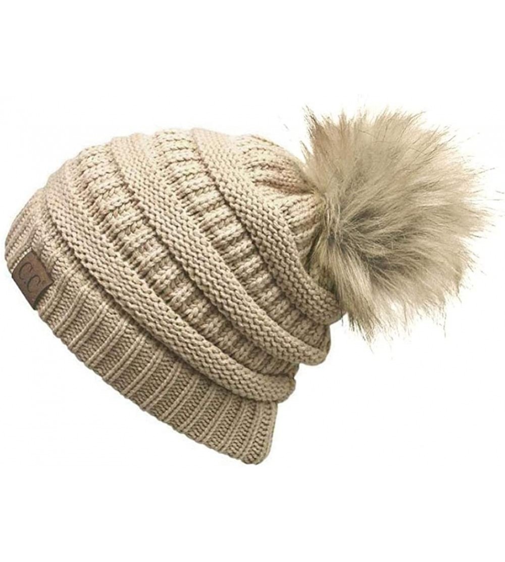 Skullies & Beanies Fur Pom Winter Fall Trendy Chunky Stretchy Cable Knit Beanie Hat - Solid New Beige - C018YANMUQH $41.18