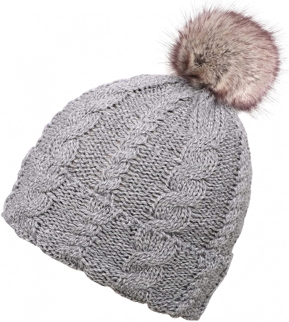Skullies & Beanies Cable Knit Beanie with Faux Fur Pompom Ears - Single Pom_grey - CD19340CGCH $17.64