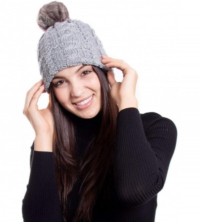 Skullies & Beanies Cable Knit Beanie with Faux Fur Pompom Ears - Single Pom_grey - CD19340CGCH $17.64