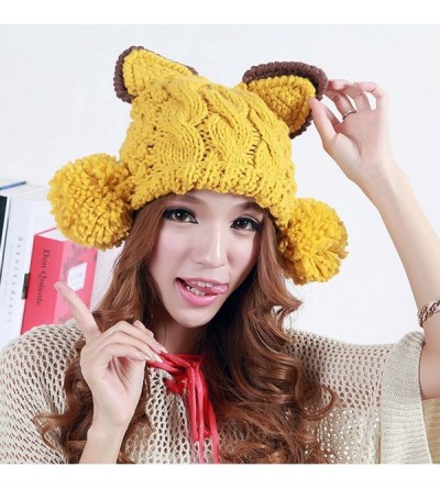 Skullies & Beanies Cat Ear Pom Pom Cabled Knit Beanie Crochet Rib Hat Brim Cap FFH083GRY - Yellow - CW11IFCMOAF $13.47