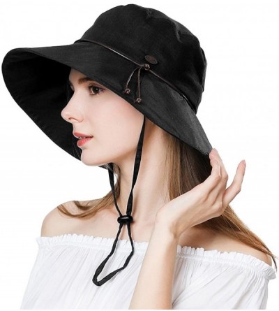 Sun Hats Womens 100% Cotton Bucket Sun Hat UPF 50 Chin Strap Adjustable Packable Wide Brim - 99024black - CJ18R89Z242 $18.12
