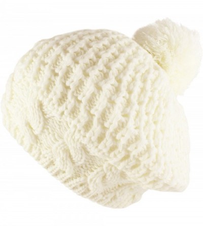 Skullies & Beanies Thick Crochet Knit Pom Pom Beret Winter Ski Hat - White - CH11QCV3TPV $20.71