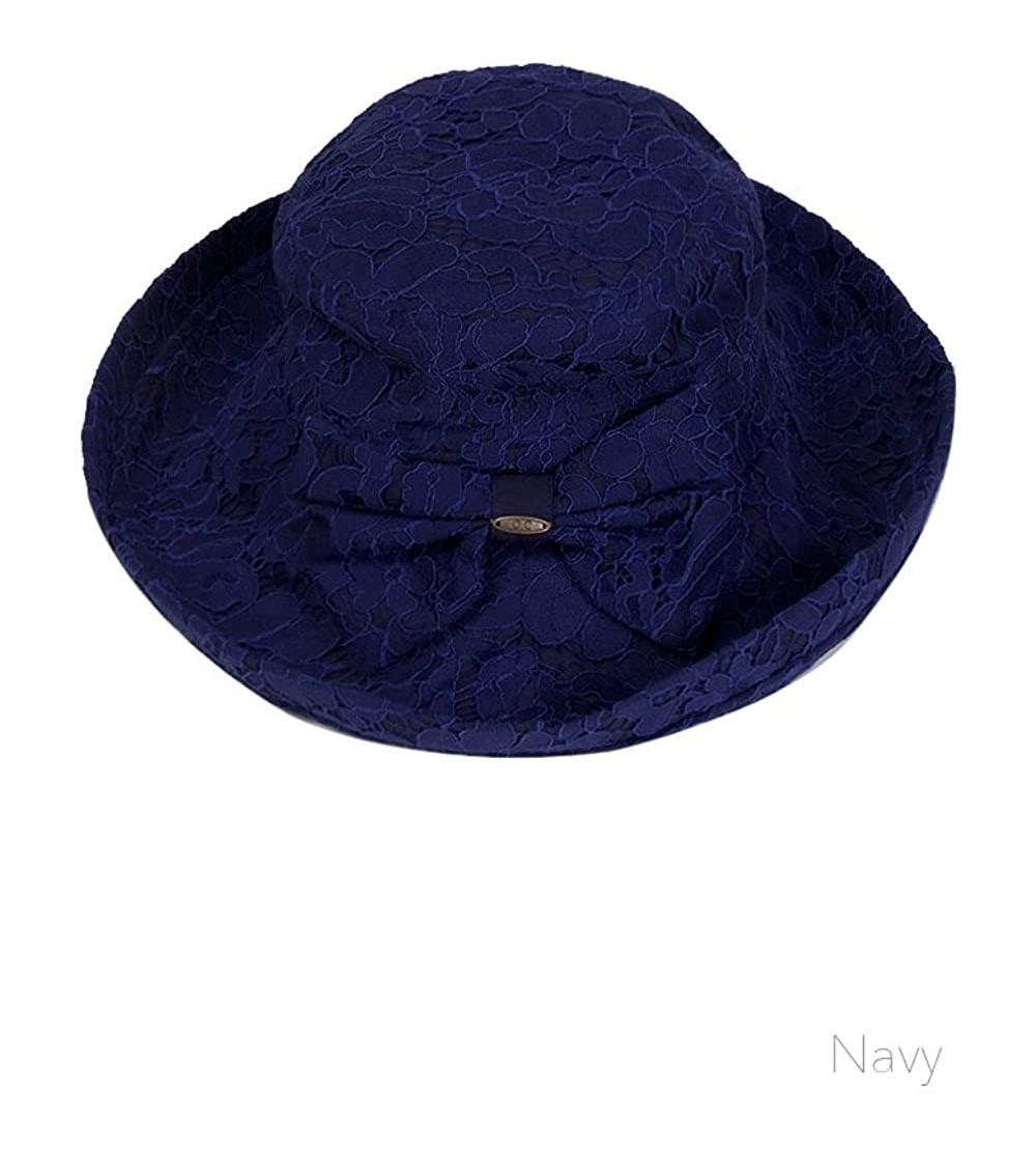 Sun Hats Women's Adjustable Floral Lace with Ribbon Accent Cotton Beach Summer Sun Hat - Navy - CS18ONTAX2H $26.51