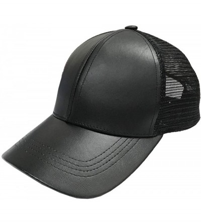 Baseball Caps Genuine Leather Trucker Hats Snapback Made in USA - Black Mid Profile - C318QHCIY9D $21.48