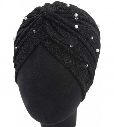 Skullies & Beanies Shiny Turban Hat Headwraps Twist Pleated Hair Wrap Stretch Turban - Black - CT18Y50MI0C $11.19