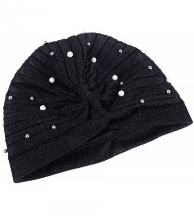 Skullies & Beanies Shiny Turban Hat Headwraps Twist Pleated Hair Wrap Stretch Turban - Black - CT18Y50MI0C $11.19