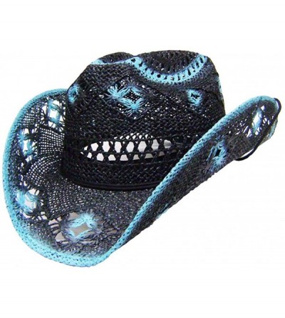 Cowboy Hats Women's Straw Cowboy Hat Black Turquoise - C8127MG1ZWD $33.20