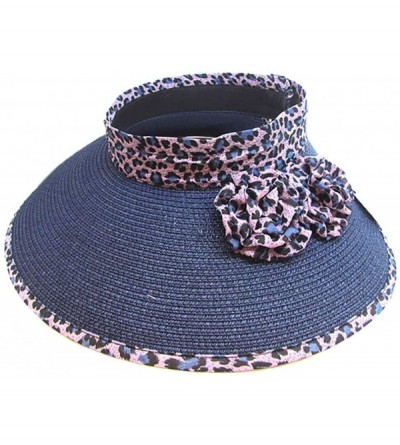 Sun Hats Women's Summer Foldable Straw Sun Visor w/Cute Bowtie Comfortable Beach Cap - Leopard Navy - C0196EL8ZT2 $17.43