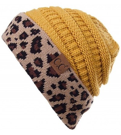 Skullies & Beanies Women Classic Solid Color with Leopard Cuff Beanie Skull Cap - Mustard - CE18K6QZLRI $17.51