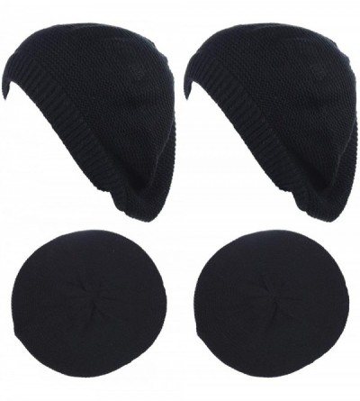 Berets Chic French Style Lightweight Soft Slouchy Knit Beret Beanie Hat in Solid - 2-pack Black & Black - C218LCD6XL6 $31.42
