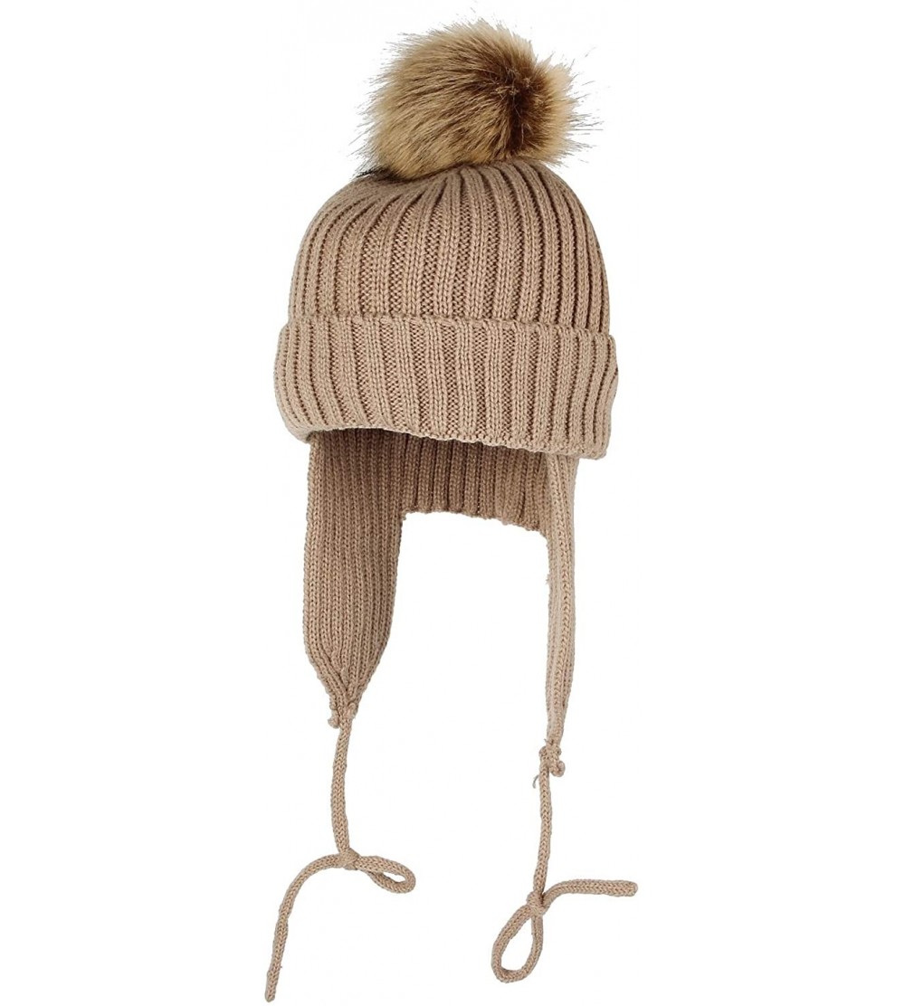 Skullies & Beanies Ribbed Knit Beanie Velour Lining Hat Pom Earflaps Cap BZ70012 - Brown - C018KKLN8ZQ $18.20